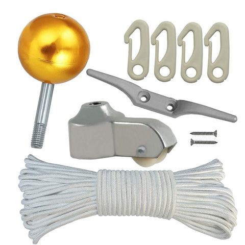 Huouo Flag Pole Parts Repair KIT - 80 Feet Flag Halyard Rope + 3" Gold Ball + 4" Cleat Hook + 4 PCS Flag Clip Hooks + Flagpole Truck for 2" Top