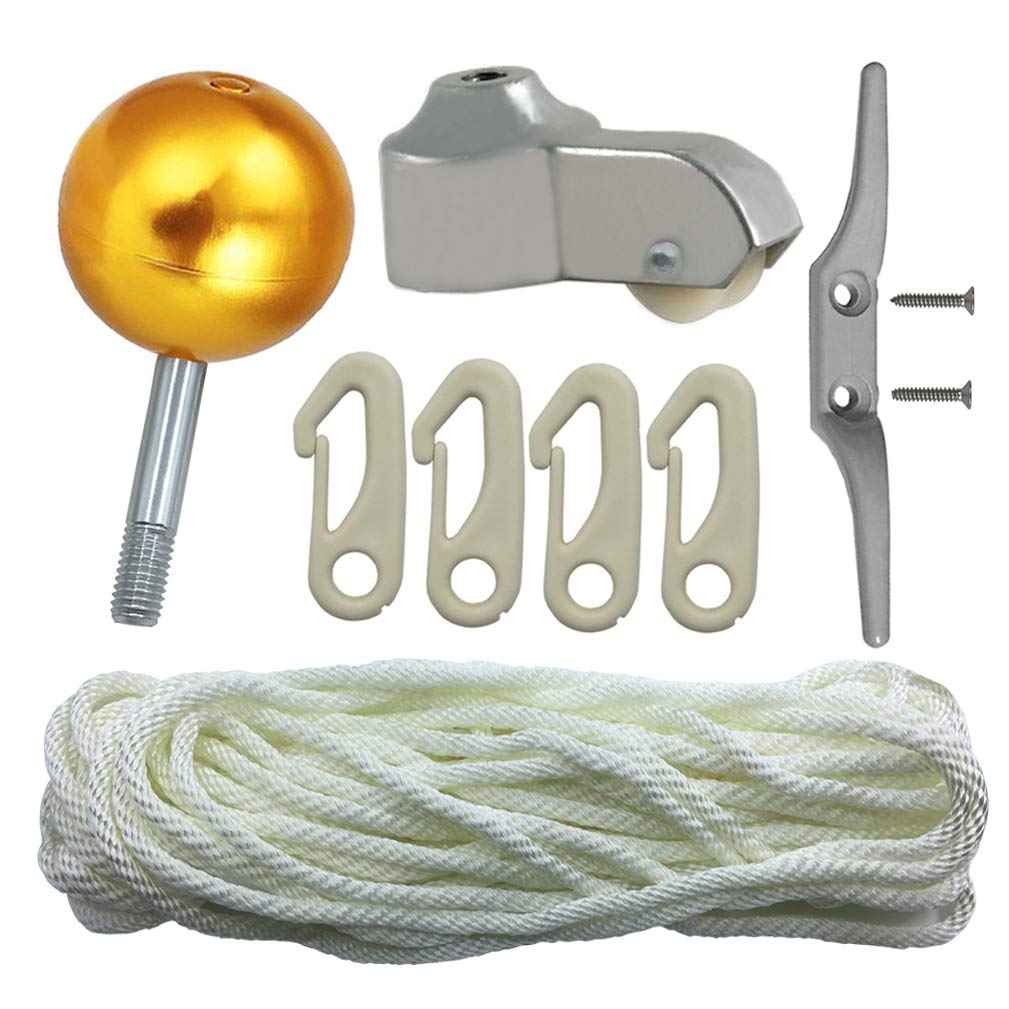 Huouo Flagpole Repair Parts Kit - 50 Feet Flag Halyard Rope + 3" Flag Pole Topper Gold Ball + 4" Cleat Hook + 4 PCS Flag Clip Hooks + Flagpole Truck Caps for 2" Top