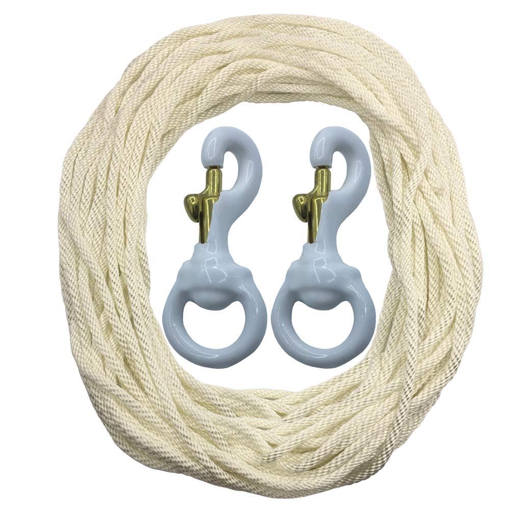 Huouo Flagpole Repair Kit - 50 FT X 1/4" Flagpole Polyester Halyard Rope + 2 PCS 3 Inch Deluxe White Rubber Coated Brass Swivel Snap Hooks