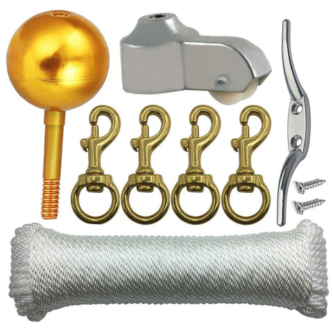 Huouo Flagpole Repair Parts Kit - 50 Feet Flag Halyard Rope + 3" Gold Ball + 6" Cleat Hook + 4 PCS Brass Swivel Snap Hooks + Flagpole Truck for 2" Top